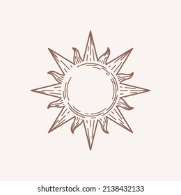 Sun symbol in boho style. Trendy geometric emblem. Modern abstract linear composition and graphic design element.