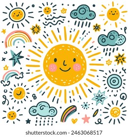 Sun symbol. Childlike drawing of sun. Abstract cute drawing of sun. Vector illustration