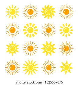 Sun symbol collection. Flat vector icon set. Yellow & orange sunlight signs. Weather forecast. Isolated object on white background