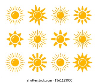 Sun symbol collection. Flat vector icon set. Sunlight signs. Weather forecast. Isolated object on white background