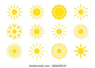 Sun symbol collection. Flat vector icon set. Sunlight signs. Weather forecast. Isolated object on white background.