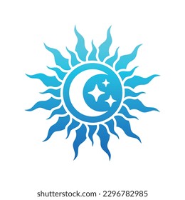 Sun symbol with crescent moon and stars inside