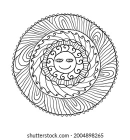 Sun symbol as a face inside ornate mandala. Round pattern. Vintage decorative background. Hand made art