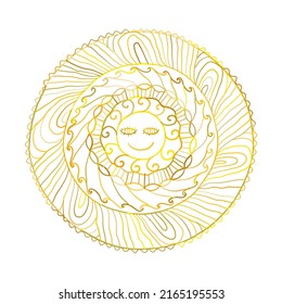 Sun symbol as a face inside ornate mandala. Round pattern. Vintage decorative background. Hand made art