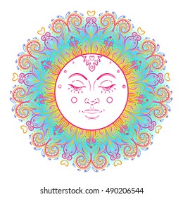 Sun symbol as a face inside ornate colorful mandala. Round pattern. Vintage decorative vector illustration isolated on white. Hand drawn background. Retro style card design. 