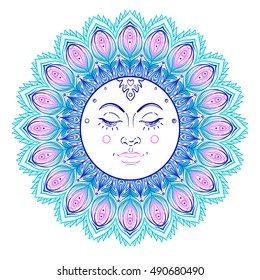 Sun symbol as a face inside ornate colorful mandala. Round pattern. Vintage decorative vector illustration isolated on white. Hand drawn background. Retro style card design. 