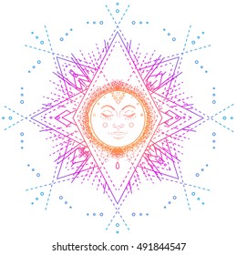 Sun symbol as a face inside ornate colorful mandala. Round pattern. Vintage decorative vector illustration isolated on white. Hand drawn background. Retro style card design. 