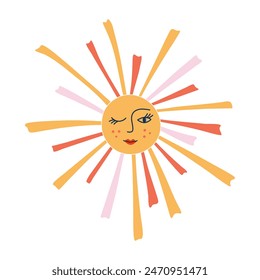 Sun symbol with face and rays. Colorful retro style print. Hand drawn flat style vector illustration isolated on transparent background.

