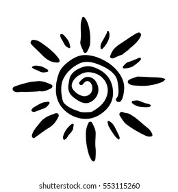 Sun symbol hand drawn. Solar sign made in doodle sketchy style. Ethnic element for decorative ornament. Vector illustration isolated on white. 
