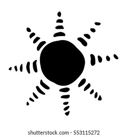Sun symbol hand drawn. Solar sign made in doodle sketchy style. Ethnic element for decorative ornament. Vector illustration isolated on white. 
