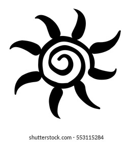 Sun symbol hand drawn. Solar sign made in doodle sketchy style. Ethnic element for decorative ornament. Vector illustration isolated on white. 