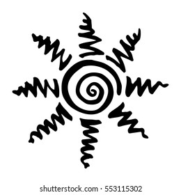 Sun symbol hand drawn. Solar sign made in doodle sketchy style. Ethnic element for decorative ornament. Vector illustration isolated on white. 