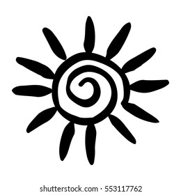 Sun symbol hand drawn. Solar sign made in doodle sketchy style. Ethnic element for decorative ornament. Vector illustration isolated on white. 