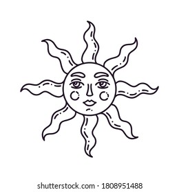 Sun symbol with a human face. Mystical vector illustration for Halloween. Beautiful icon in the style of cartoon for the autumn holiday Halloween.
