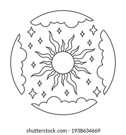 Sun symbol into clouds circle with night star. Linear logo of sun. Vector illustration