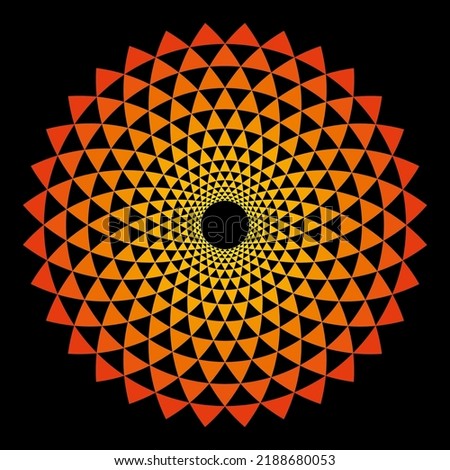 Sun symbol made of Fibonacci pattern. Arcs, arranged in spiral form, crossed by circles, creating bend triangles, similar geometrical arrangements of sunflower seeds and pine cones. Sacred Geometry.