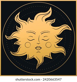 Sun symbol in magical circle. Gold celestial background. Vector illustration