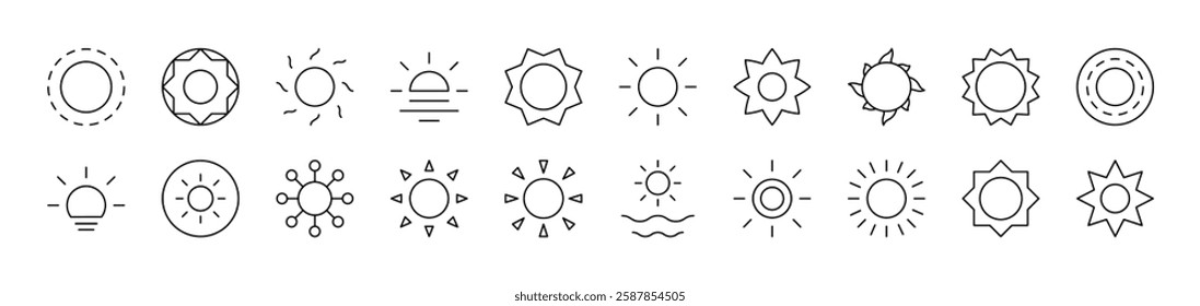 Sun as Symbol of Nature and Weather Bundle of Thin Icons. Editable Stroke. Suitable for Web Sites, Books, Cards, Apps