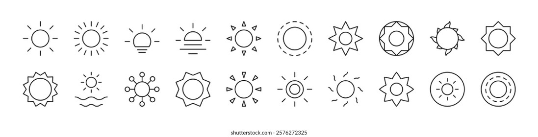 Sun as Symbol of Nature and Weather Outline Simple Linear Image Collection. Editable Stroke. Suitable for Web Sites, Books, Cards, Apps