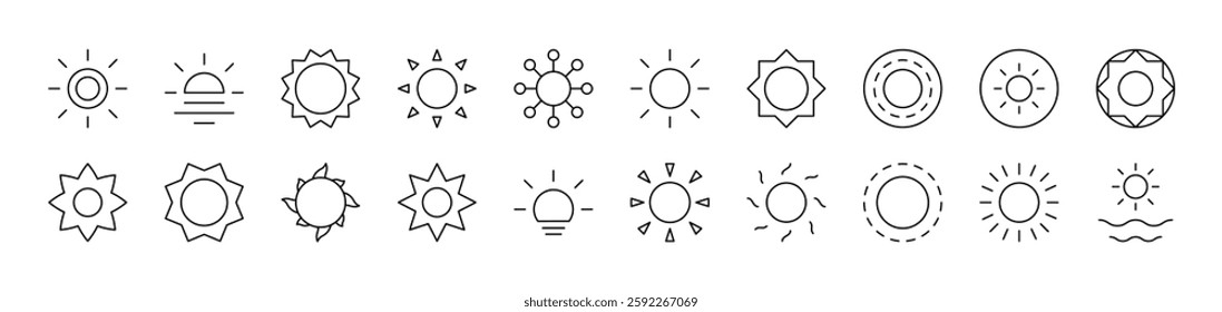 Sun as Symbol of Nature and Weather Related Line Icons for Web Sites, Books, Cards, Apps. Editable Stroke. Suitable for Web Sites, Books, Cards, Apps