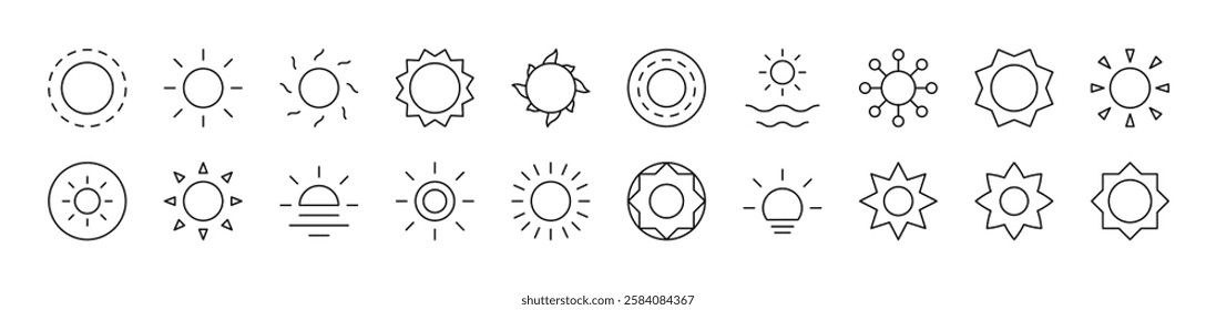 Sun as Symbol of Nature and Weather Set of Thin Icons. Editable Stroke. Suitable for Web Sites, Books, Cards, Apps