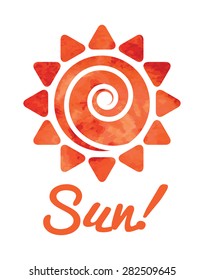 Sun symbol on white background. Watercolor texture. Label design template.