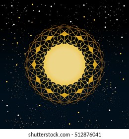 Sun symbol. Sacred ethnic sun on cosmic background. Golden mandala. Circle pattern. Starry night sky. Vector eps 10