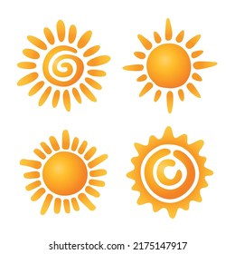 Sun symbol set. Nine Yellow and orange suns design. Vector illustration. Sunbath graphic elements.