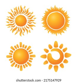 Sun symbol set. Nine Yellow and orange suns design. Vector illustration. Sunbath graphic elements.