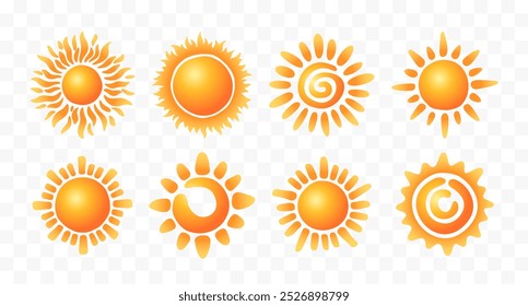 Sun symbol set. Yellow and orange suns design. Vector illustration. Sunbath graphic elements.