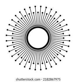 Sun symbol. Solar disk with 72, six times twelve, rays of light, with dots on each end. Variations of the sign are used for a solar monstrance, an ostensorium, used as a vessel for the holy of holies.