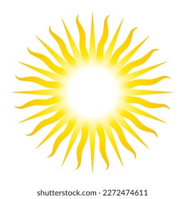 Sun symbol with thirty two rays, analogue to the Sun of May, national emblem of Argentina and Uruguay. Radiant golden yellow solar disk with 16 straight and 16 wavy rays, isolated on white background.