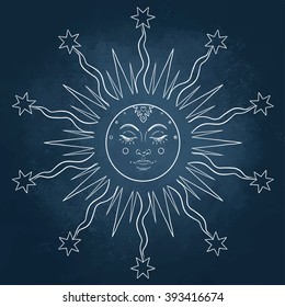 Sun symbol. Vector illustration in vintage engraving style. Tattoo design. Isolated vector illustration. Alchemy, astrology and magic. Hippie design elements over blackboard background