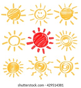 Sun symbols hand drawn by yellow and red highlighters. Optimized for easy color changes. Vector in EPS10 format with transparent colors.
