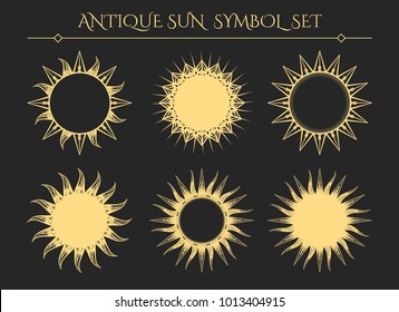 Sun symbols. Vintage starburst mystical icons or spiritual geometry star logo signs