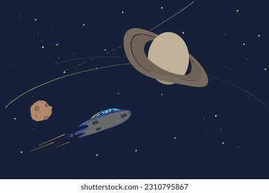 Sistema solar planeta Saturno con nave espacial en cielo oscuro y estrellas en segundo plano