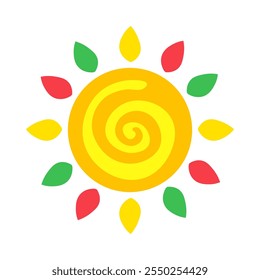 Sun talisman with multi colored rays and a spiral ornament in center. Element of Hispanic holiday Cinco De Mayo. Mexican holiday icon. Simple cartoon vector element isolated on white background