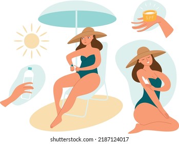 Sun Tanning Safety Tips. Use A Hat, Sunscreen, Sunshade. Skin Protection From The Sun On The Beach, Vector. Flat Vector Set
