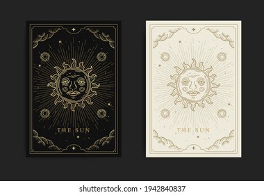 The sun tarot card with engraving, handrawn, luxury, esoteric, boho style, fit for paranormal, tarot reader, astrologer or tattoo