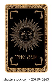 Sun tarot card. Sun face astrology symbol. Alchemy icon. Bohemian sun with face. Antique style design esoteric symbol. Boho vintage hand drawn sun character. Magic monochrome heavenly body.