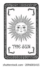 Sun tarot card. Sun face astrology symbol. Alchemy icon. Bohemian sun with face. Antique style design esoteric symbol. Boho vintage hand drawn sun character. Magic monochrome heavenly body.