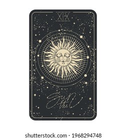 Icono de la tarjeta Tarot solar, sol con cara sobre fondo cósmico negro con estrellas. Arcana mayor para bruja divina, ilustración estética dibujada a mano en diseño vintage. Vector aislado en blanco