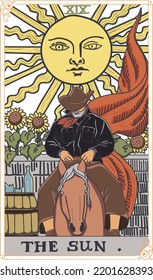 The Sun Tarot card radiates with optimism and positivity. A large, bright sun shines in the sky, representing the source of all life on Earth.