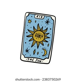 El logotipo o etiqueta de Sun Tarot, lector de tarjetas mágicas, cepillo de boceto dibujado a mano, impresión mínima simple para recuerdos esotéricos mágicos. Brujería hembra dibujada a mano magia amor fortuna hechizo concepto de ocultismo.