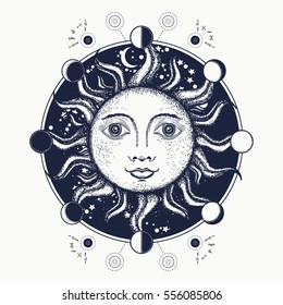 Sun tattoo art. Moon phases. Medieval alchemical symbol of the sun, moon phases coloring book t-shirt design 