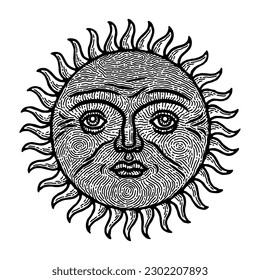 Sun tattoo. Moon face, mystic celestial drawing, boho engraved card element, old retro style logo or icon, outline star sticker, vintage symbol of crescent. Vector isolated illustration