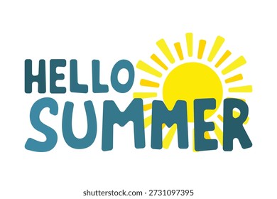 Sun and text "Hello Summer." Colored silhouette. Horizontal front view. Vector simple flat graphic illustration, hand drawn. Isolated on white background.