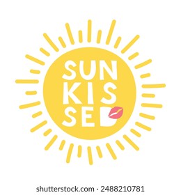 Sun with text sun kissed and lips. Cute lettering sun isolated on white background. Vector Icon illustration for label, card, logo, emblem.