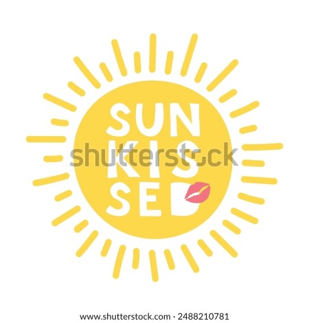 Sun with text sun kissed and lips. Cute lettering sun isolated on white background. Vector Icon illustration for label, card, logo, emblem.