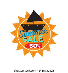 Sun with text and a silhouette of a boat. Summer sale label - Vector